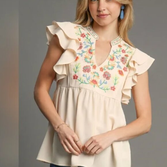 Umgee Tops - Umgee Embroidery Notched Double Ruffle Sleeve Blouse
